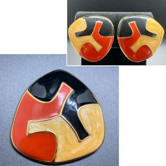 Signed Monet Vintage 1984 Gold Tone Red Black Yellow Enamel Brooch Earrings - Picture 1 of 10